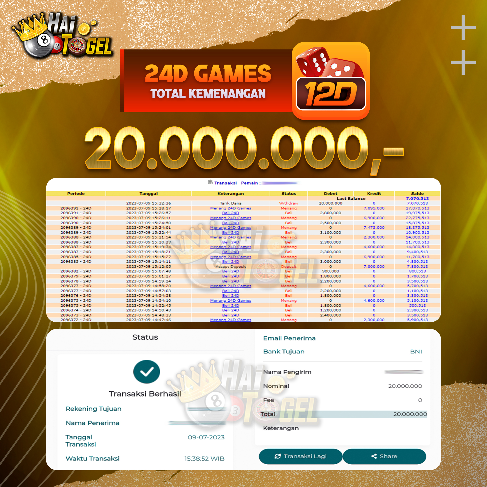 Read more about the article BUKTI JACKPOT HAITOGEL CASINO : 24D GAMES RP. 20.000.000