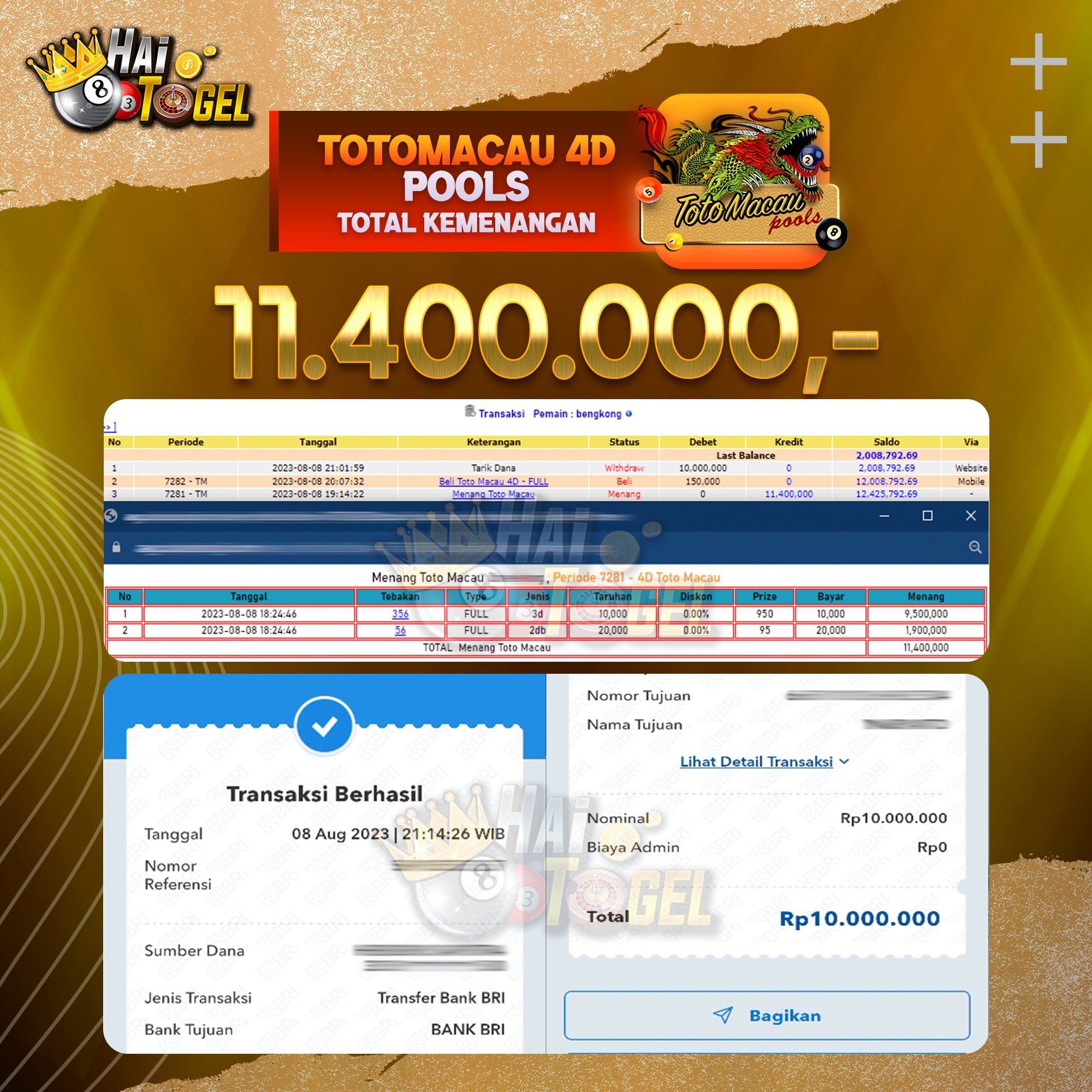 Read more about the article BUKTI JACKPOT HAITOGEL PASARAN TOTOMACAU4D RP. 11.400.000