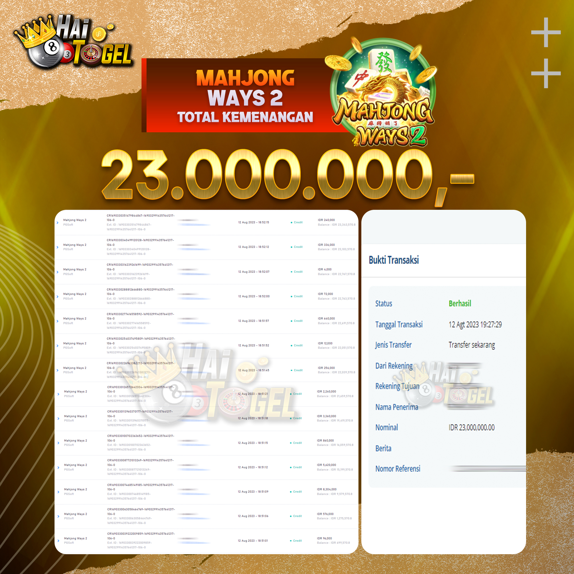 Read more about the article BUKTI JACKPOT SLOT HAITOGEL MAHJONG WAYS 2 RP. 23.000.000