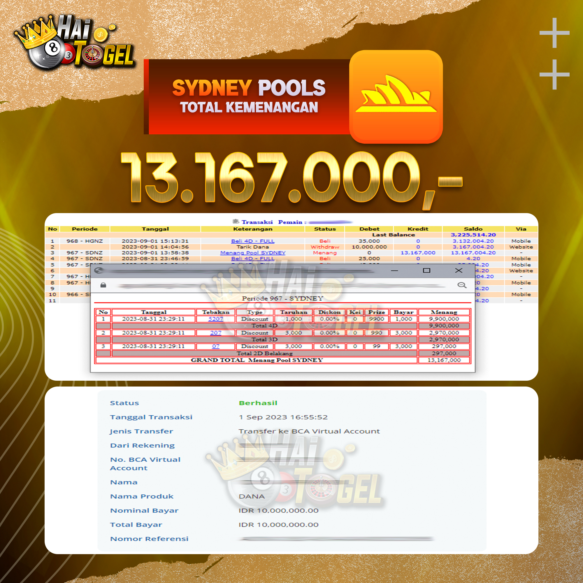 Read more about the article BUKTI PEMBAYARAN HAITOGEL TOGEL SYDNEY RP. 13.167.000