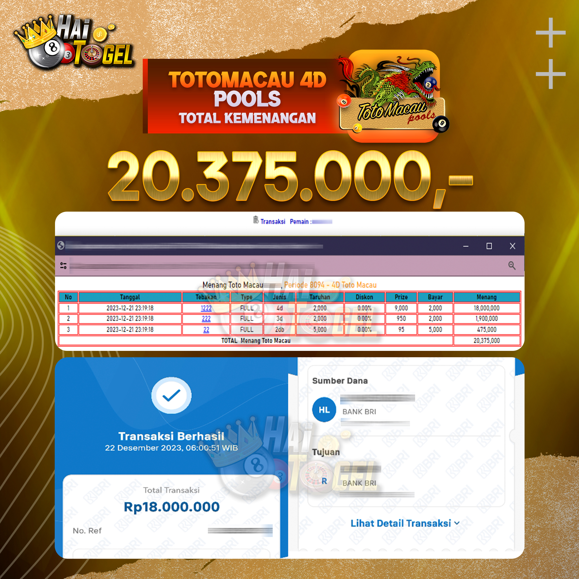 Read more about the article BUKTI JACKPOT HAITOGEL PASARAN TOTOMACAU4D RP. 20.375.000