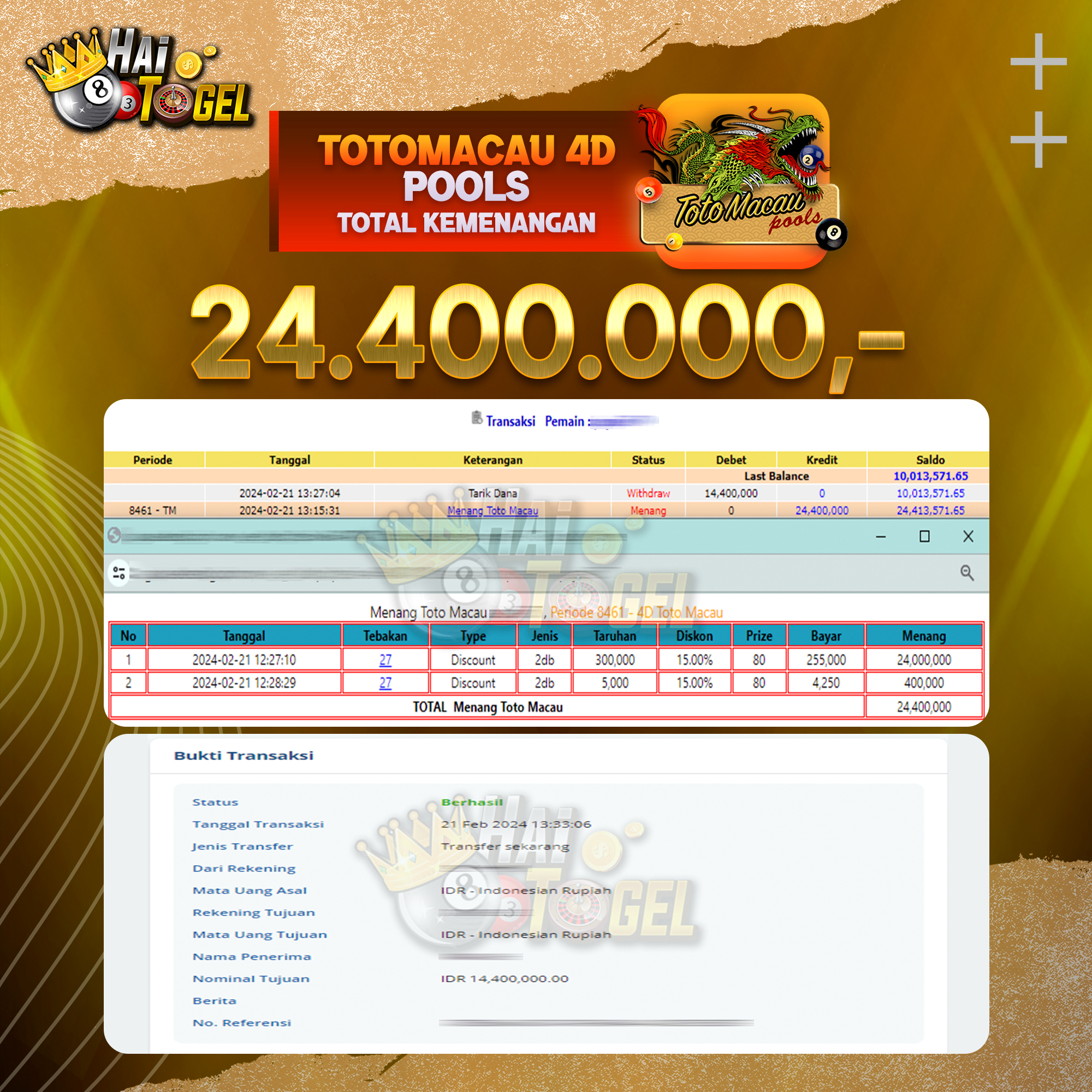 Read more about the article BUKTI JACKPOT HAITOGEL PASARAN TOTOMACAU4D RP. 24.400.000