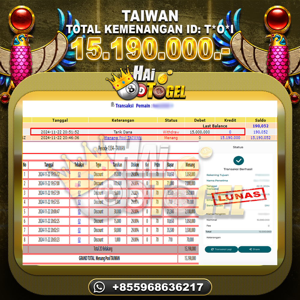 Read more about the article GACOR BUKTI HAITOGEL JACKPOT : TAIWAN SEBESAR RP. 15.190.000