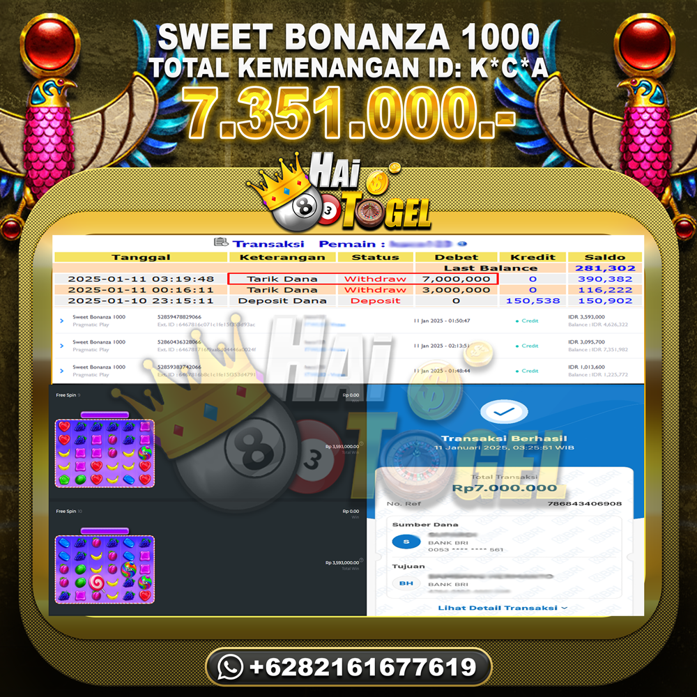 Read more about the article KEMENANGAN SLOT JP HAITOGEL : SWEET BONANZA 1000 RP. 7.351.000